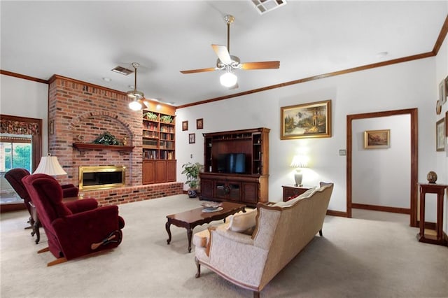 carpeted living room with ornamental molding, a fireplace, built in features, and ceiling fan