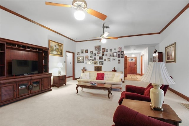 living room with light carpet, ornamental molding, and ceiling fan