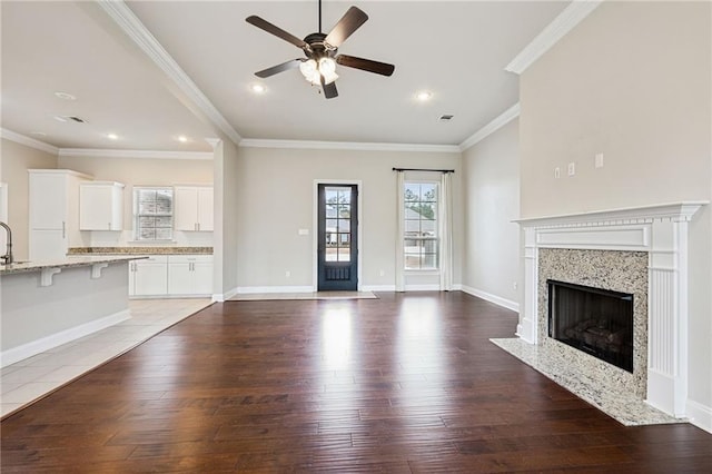 unfurnished living room featuring dark wood-type flooring, a fireplace, and ornamental molding