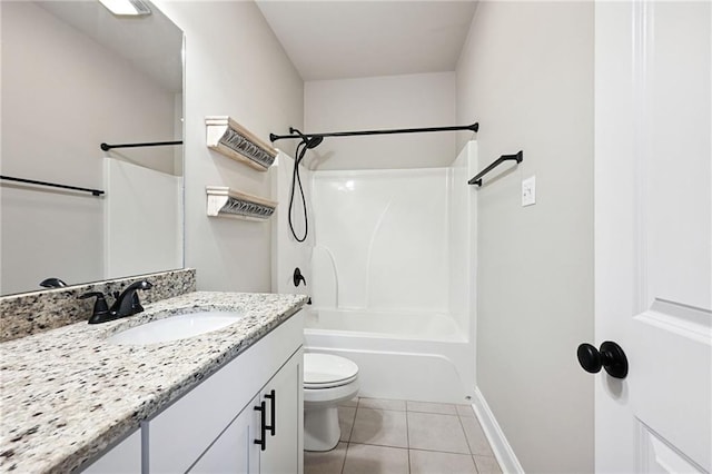 full bathroom with shower / bathtub combination, vanity, toilet, and tile patterned flooring