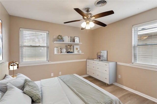 bedroom featuring light hardwood / wood-style flooring and ceiling fan