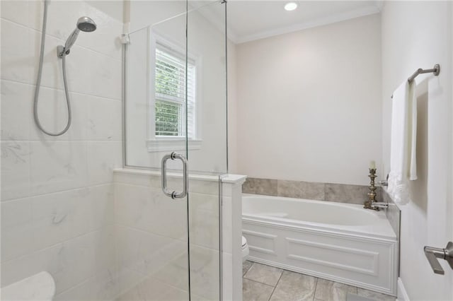 bathroom with independent shower and bath, ornamental molding, tile patterned floors, and toilet