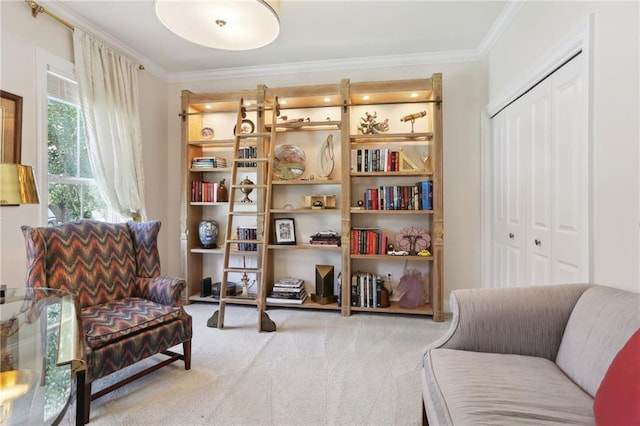 sitting room with ornamental molding and carpet floors