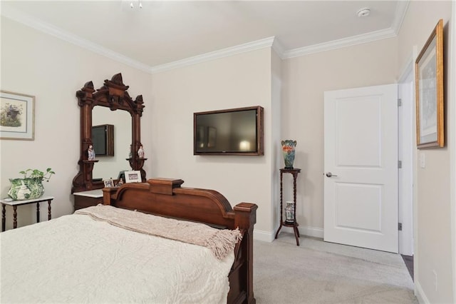 carpeted bedroom with ornamental molding