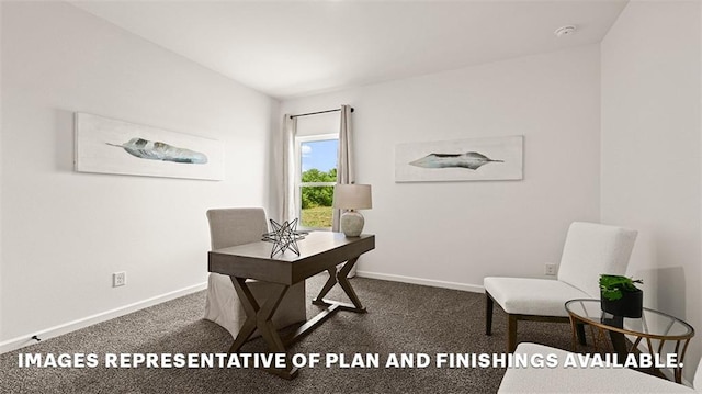 office featuring baseboards and dark colored carpet