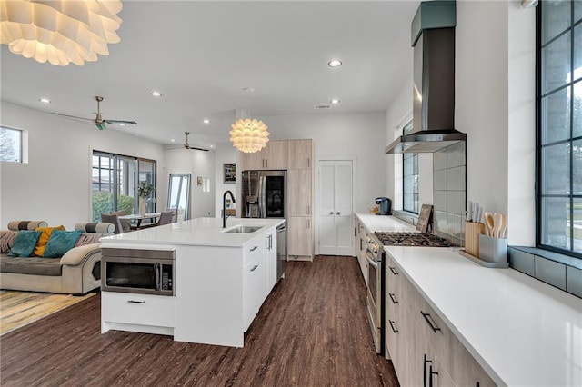 kitchen with appliances with stainless steel finishes, an island with sink, sink, dark wood-type flooring, and wall chimney range hood