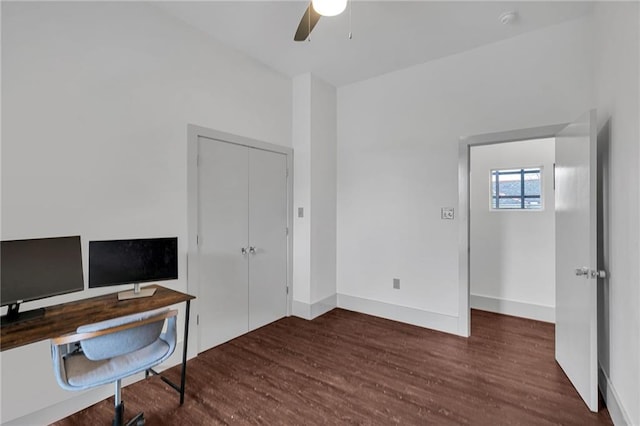 home office with ceiling fan and dark hardwood / wood-style flooring