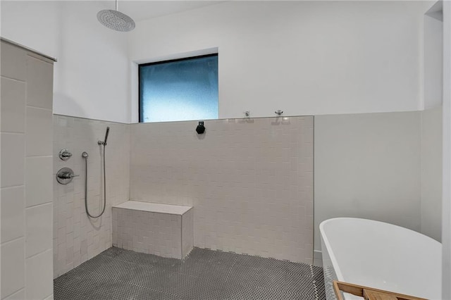 bathroom with shower with separate bathtub