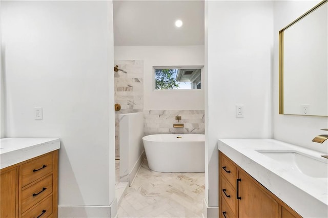 bathroom featuring vanity, tile walls, and separate shower and tub