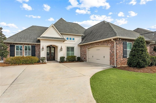 view of front of home featuring a garage, a front yard, and french doors