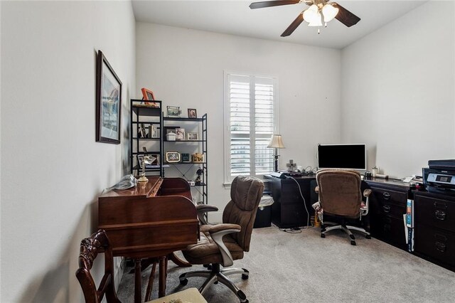 office space featuring ceiling fan and carpet flooring