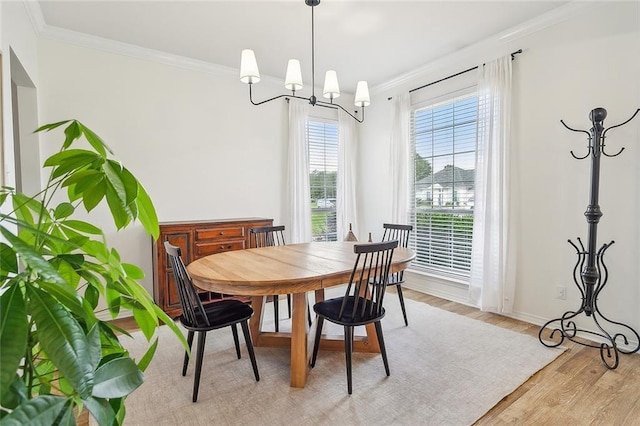 dining room with a notable chandelier, crown molding, and light hardwood / wood-style floors