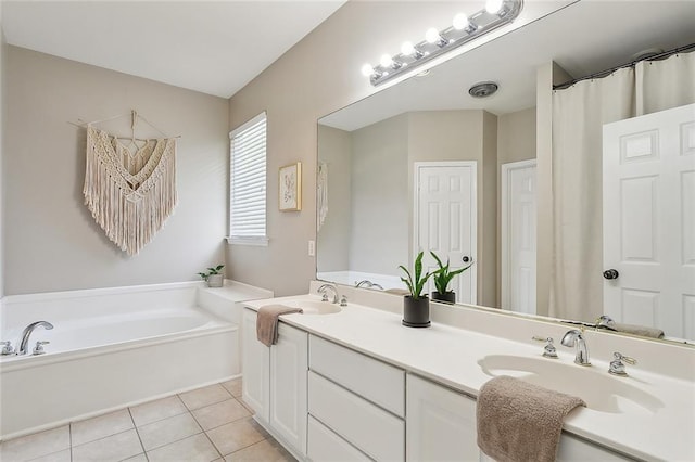 bathroom featuring tile patterned flooring, vanity, and plus walk in shower