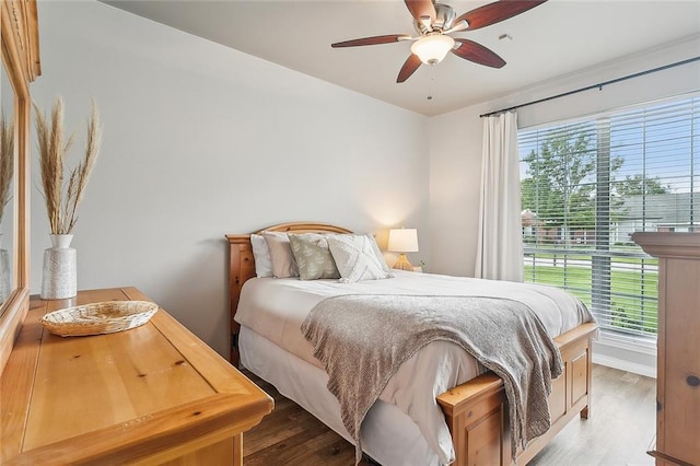 bedroom featuring multiple windows, ceiling fan, and light hardwood / wood-style floors