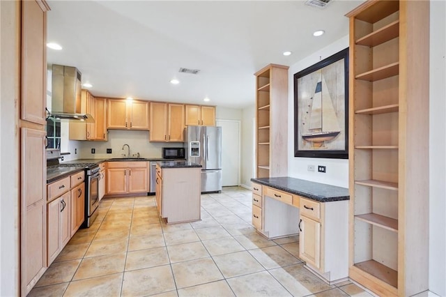 kitchen with light brown cabinetry, sink, island exhaust hood, a center island, and stainless steel appliances