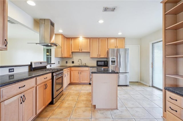 kitchen with sink, island range hood, light brown cabinets, a kitchen island, and stainless steel appliances