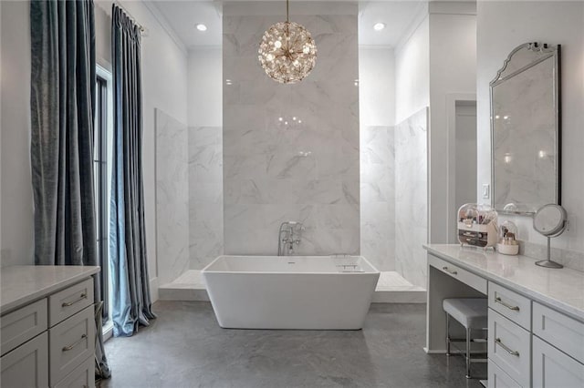 bathroom with a bathing tub, concrete floors, a chandelier, vanity, and crown molding