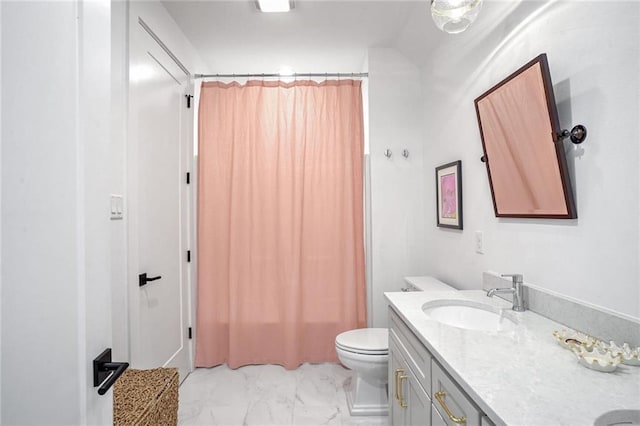 bathroom featuring vanity, curtained shower, and toilet