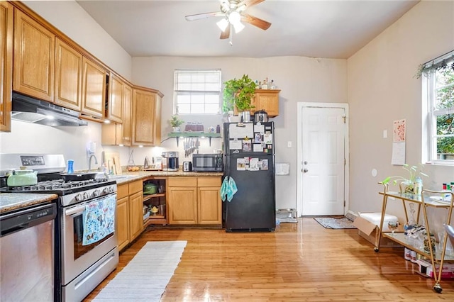 kitchen with sink, light hardwood / wood-style flooring, stainless steel appliances, and ceiling fan