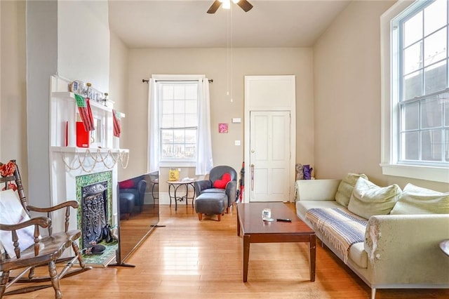 living area featuring hardwood / wood-style flooring, ceiling fan, a premium fireplace, and a wealth of natural light