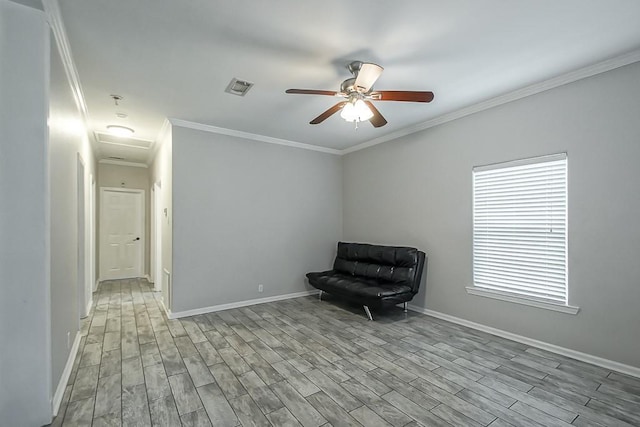 unfurnished room featuring crown molding, ceiling fan, and light hardwood / wood-style floors