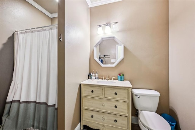 12119 Acey Allen Rd, Independence, LA 70443 - bathroom featuring toilet, ornamental molding, a shower with shower curtain, and vanity