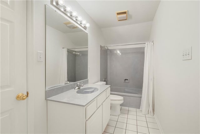 full bath with tile patterned flooring, toilet, visible vents, vanity, and shower / bath combination with curtain