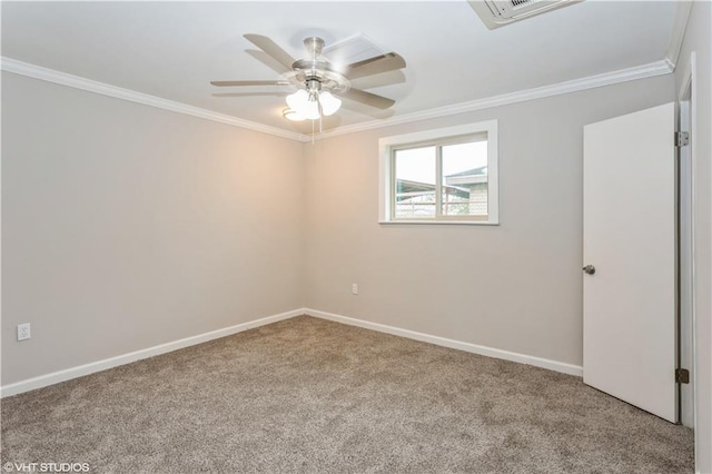 unfurnished room featuring crown molding, ceiling fan, and light carpet