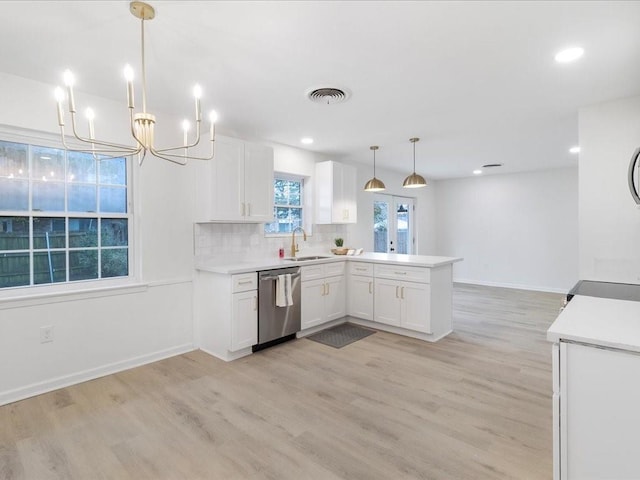 kitchen featuring pendant lighting, sink, white cabinets, stainless steel dishwasher, and kitchen peninsula