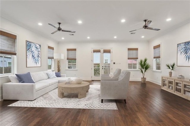2308 Amelia St, New Orleans, LA 70115 - living room with crown molding, baseboards, a ceiling fan, and dark wood finished floors