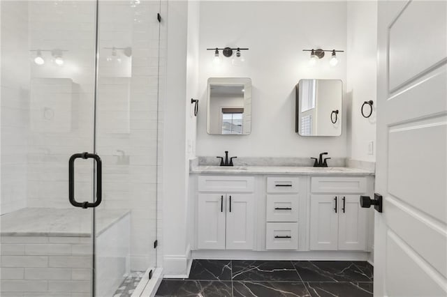 2308 Amelia St, New Orleans, LA 70115 - bathroom with a shower stall, marble finish floor, and a sink