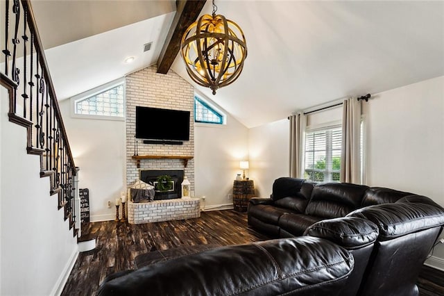 living room with wood-type flooring, high vaulted ceiling, a brick fireplace, a notable chandelier, and beamed ceiling