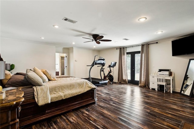 bedroom with ceiling fan, dark hardwood / wood-style floors, ornamental molding, access to outside, and french doors