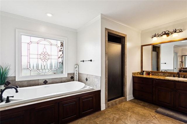 bathroom featuring ornamental molding, shower with separate bathtub, and vanity