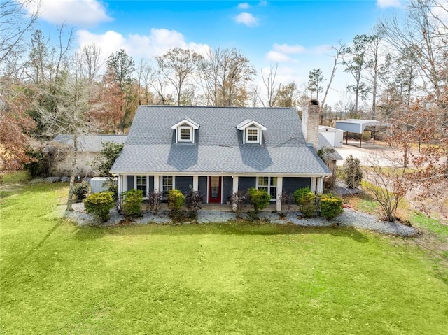 cape cod-style house with a front lawn, a carport, and a porch