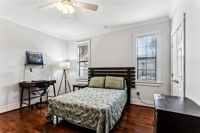 bedroom with multiple windows, crown molding, and dark wood-type flooring