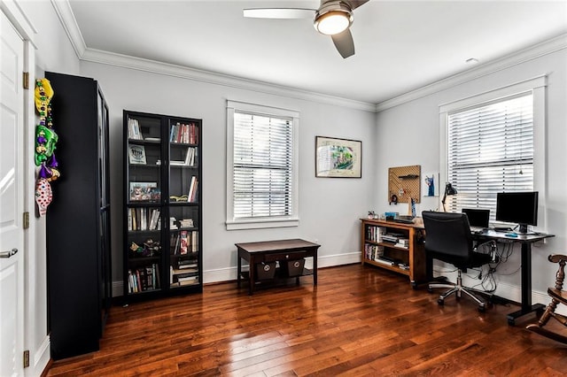 office space with crown molding, ceiling fan, and dark hardwood / wood-style flooring