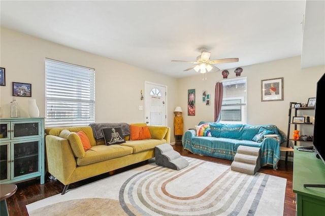 living room featuring ceiling fan and dark hardwood / wood-style flooring