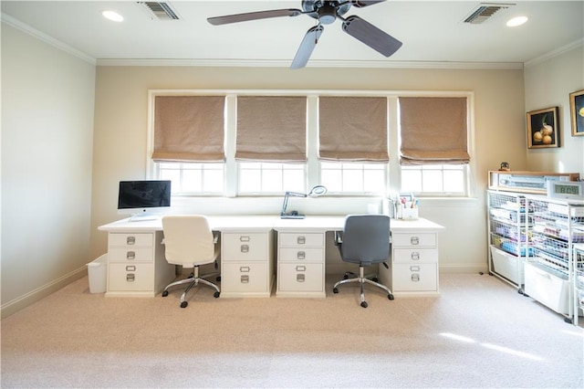 carpeted office space featuring crown molding and ceiling fan