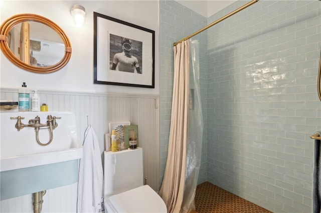 bathroom featuring sink, toilet, and a shower with shower curtain