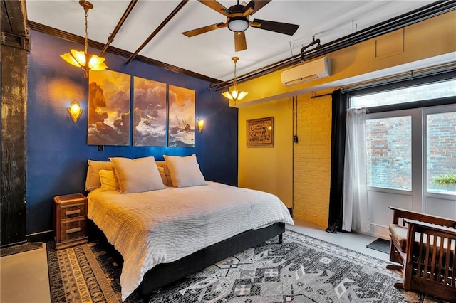 bedroom with crown molding and an AC wall unit