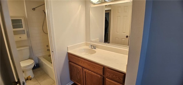 full bathroom featuring shower / tub combination, vanity, toilet, and tile patterned floors