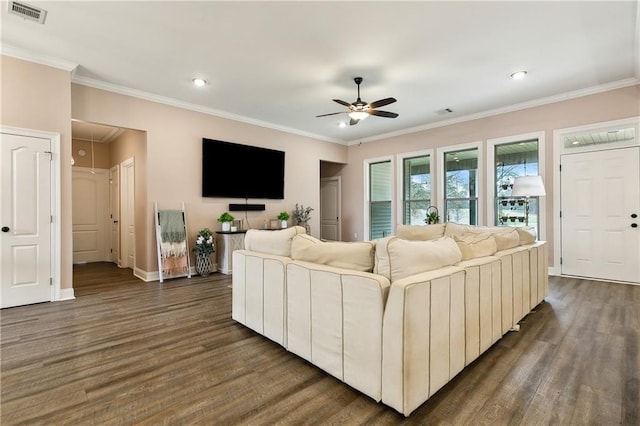 71078 Troy Spears Rd, Kentwood, LA 70444 - living room featuring ceiling fan, attic access, dark wood finished floors, ornamental molding, and recessed lighting