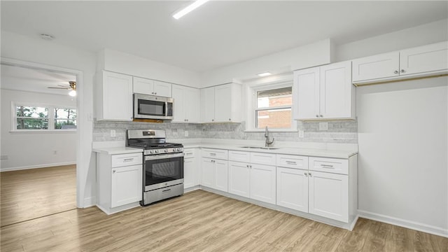 kitchen with appliances with stainless steel finishes, tasteful backsplash, sink, white cabinets, and light wood-type flooring