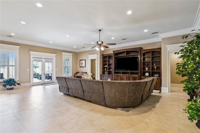 living room featuring crown molding, ceiling fan, and french doors