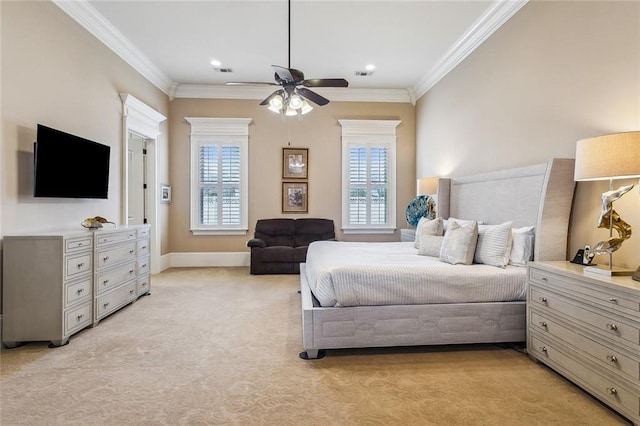 carpeted bedroom with multiple windows, ornamental molding, and ceiling fan