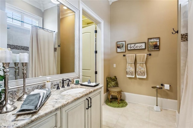 bathroom featuring vanity, ornamental molding, curtained shower, and tile patterned floors