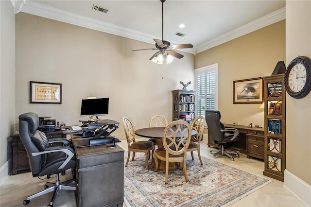 tiled home office featuring ornamental molding and ceiling fan