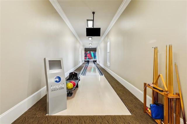 game room featuring crown molding, bowling, and carpet floors