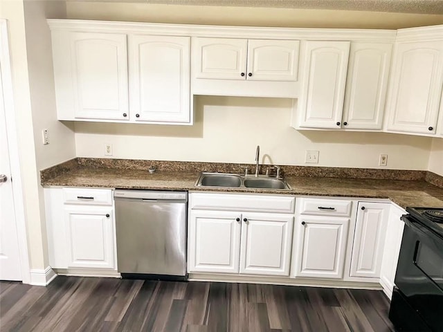 kitchen with white cabinetry, dishwasher, sink, and dark hardwood / wood-style floors